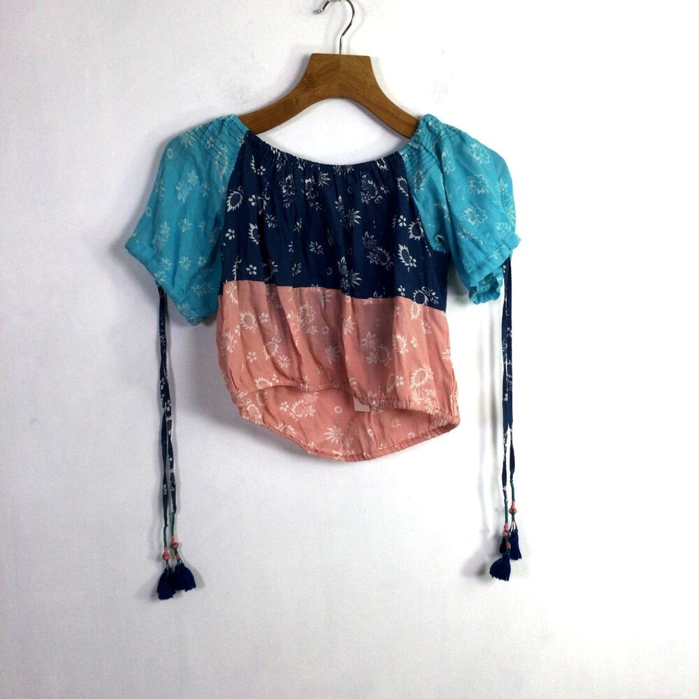 Kopal Womens Boho Crop Top Off Shoulder Floral Blue Pink Size L NW